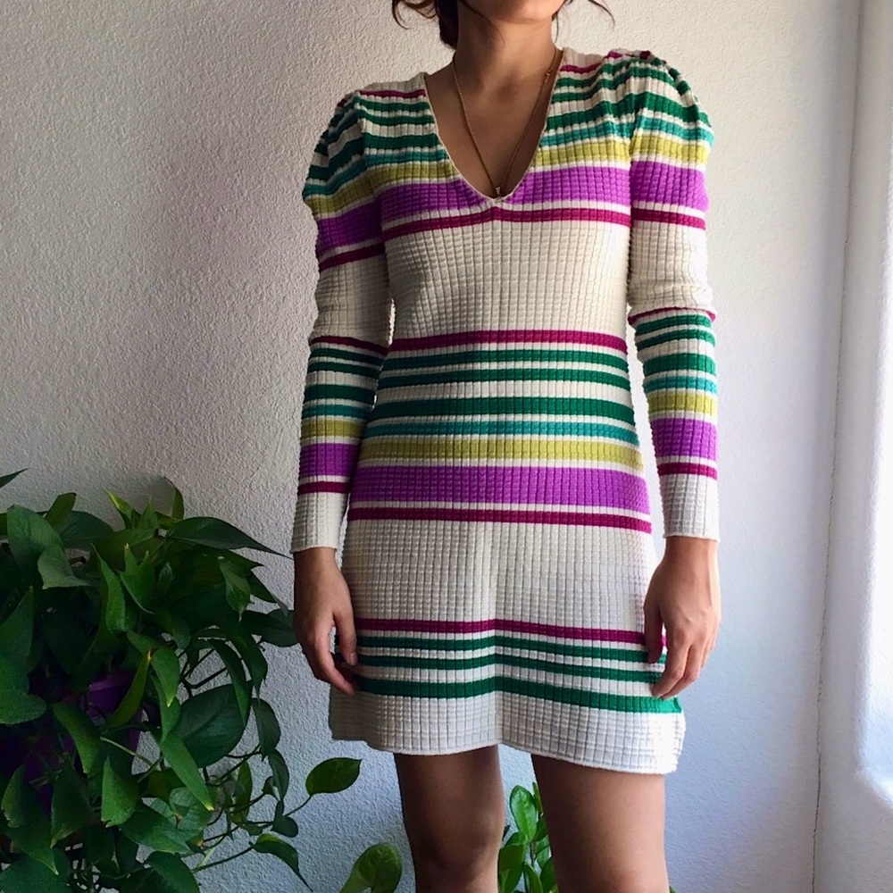 Free People Gidget Sweater Dress Puff L-sleeve Sz XS Color Ivory Combo SMRP $148